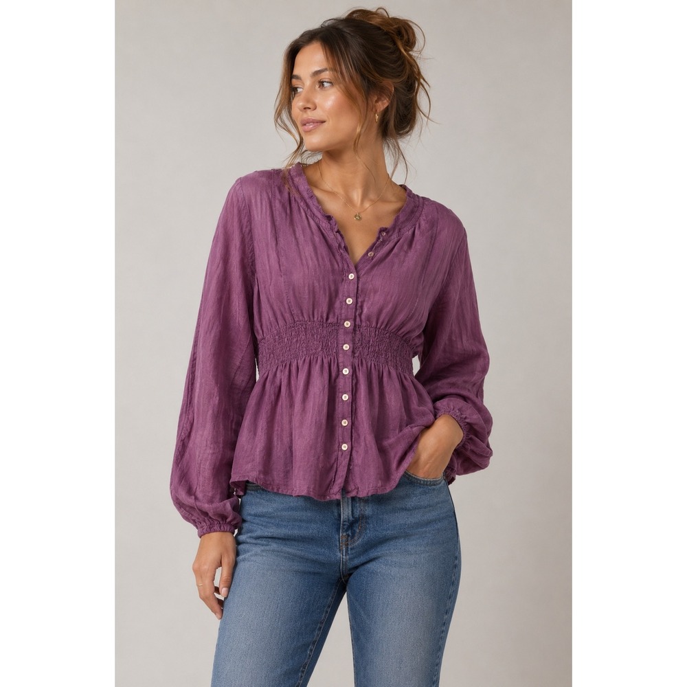Johnny Was Plum Purple Smocked Empire Waist Button Front Peplum Blouse Small |N1